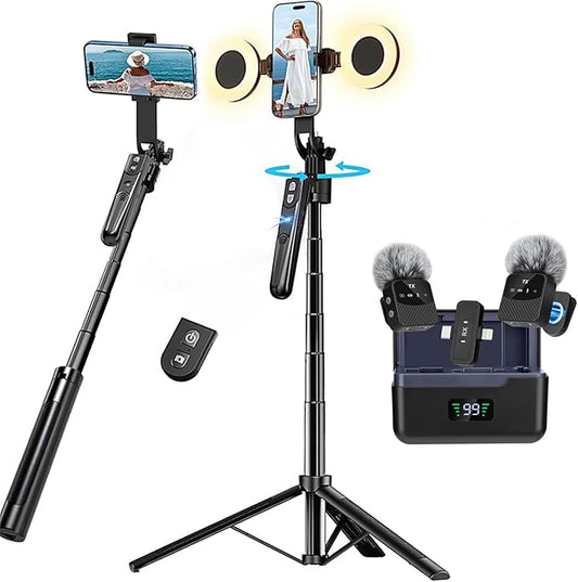 Professional Vlogging Kit for iPhone/Android, 70”Auto Face Tracking Tripod for iPhone with Light, 25H Battery Life Wireless Microphones,Content Creator Kit for TikTok/YouTube Starter