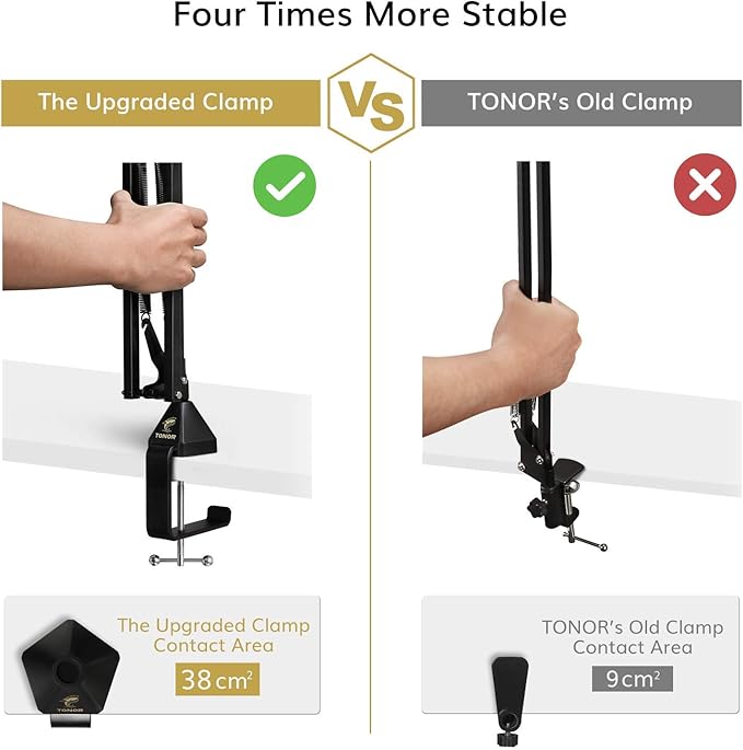TONOR Microphone Arm Stand, Adjustable Suspension Boom Scissor Mic Stand with Pop Filter, 3/8" to 5/8" Adapter, Excellent Compatibility, Mic Clip, Upgraded Heavy Duty Clamp, 47 cm + 47cm, T30