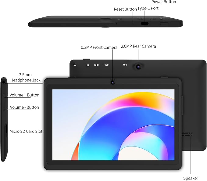 7 Inch Tablet with Case, Five Core Android 15 Tablets, 8GB RAM 32GB ROM 512GB Expand, 1024x600 IPS HD Display, 3500mAh,Dual Camera, USB C Tablet PC (Black)