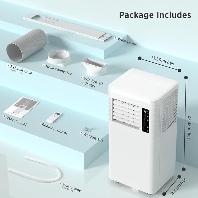 COWSAR 8,000 BTU Portable Air Conditioners Cool Up to 350 Sq.Ft, 4 Modes Portable AC with Remote Control/LED Display/24Hrs Timer/Installation Kits for Home/Office/Dorms, White