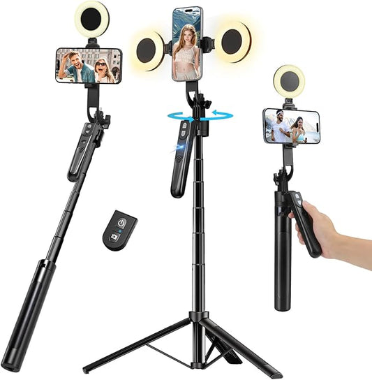 70.9” Auto Face Tracking Tripod for iPhone with Light,360 Rotation that Follows Your Movement,Phone Tripod for iPhone/Android Camera/GoPro/Ring Light,Selfie Stick for Live Stream Video Recording