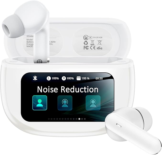 Wireless Earbuds with Smart Touchscreen Case, Bluetooth 6.0 Ear Buds with AI Noise Cancelling Calls, 40H Playtime Stereo Headphones, IPX7 Waterproof Earbuds for Workout, Travel, iPhone,Android,White