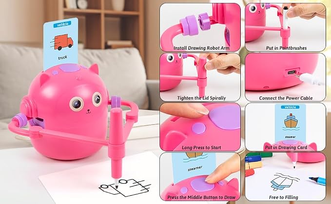 TREEFIA Drawing Robot for Kids, Drawing Robot for Kids 6 7 8 9 10 11 12 Year Old, Doodle Bot Toy with 100 Drawing Cards & 16 Color Pens for Girls and Boys