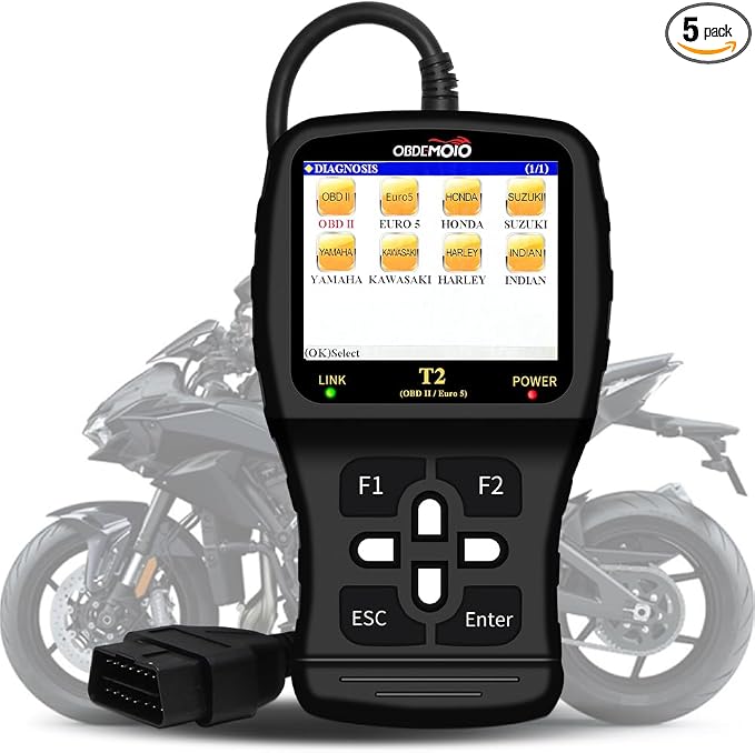 T2 Motorcycle Scanner, OBD2 Motorcycle Scan Tool, Euro 5 3.5'' LCD Motorbike Diagnostic Tool, Code Reader with ECU Scan, Service Reset for Harley Indian Honda Yamaha Kawasaki Suzuki