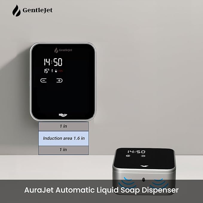 GentleJet AuraJet Automatic Liquid Soap Dispenser Wall Mount – Touchless Sensor, LED Display, 5 Adjustable Levels, Rechargable USB-C or Battery Powered, Aluminum Alloy, 480 ml Refillable