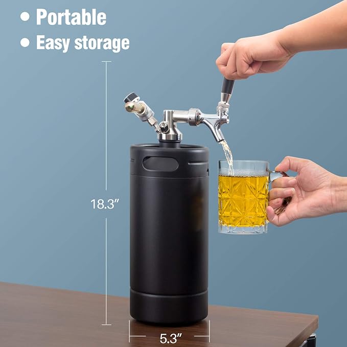 TMCRAFT 128oz Growler Tap System, Pressurized Stainless Steel Mini Keg with Cooler Jacket, Portable Home Dispenser System to Keep Fresh and Carbonation for Draft, Homebrew and Craft Beer (Matte Black)