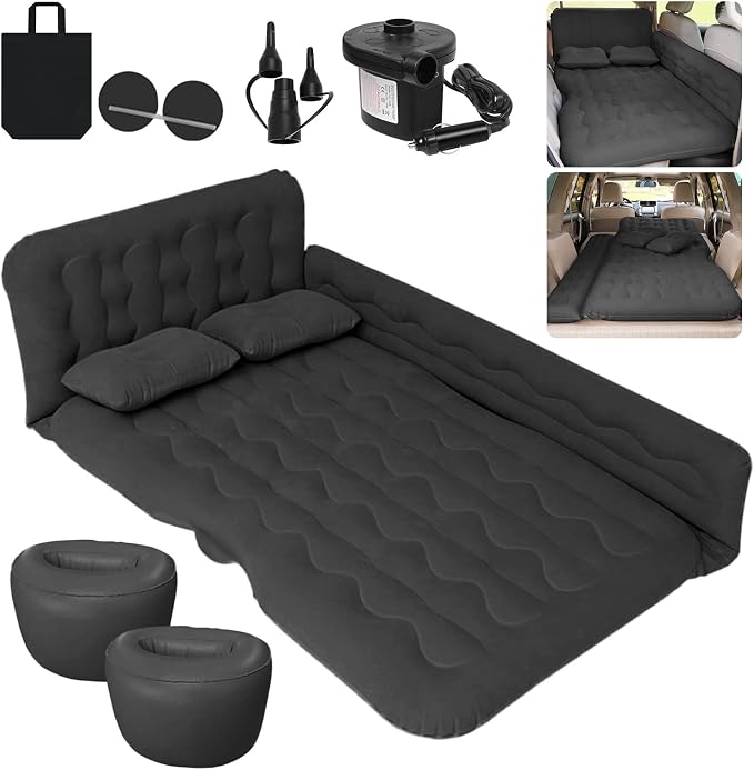Car Bed SUV Air Mattress, Car Air Mattress with Electric Pump, 2 Inflatable Pillows and 2 Footrests for Back Seat, Side Seat,Trunk Sleeping, Thickened Camping Bed - Black