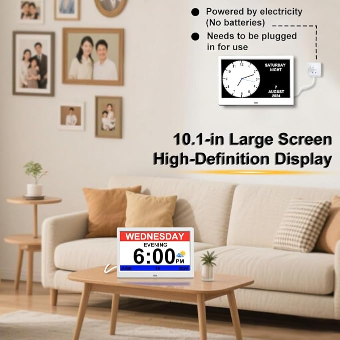 AINFTIME DST Clock with Day and Date for Elderly-3 Display Digital Calendar Alarm Day Dementia Alzheimers Clock with Extra Large Display (10.1 Inch White)