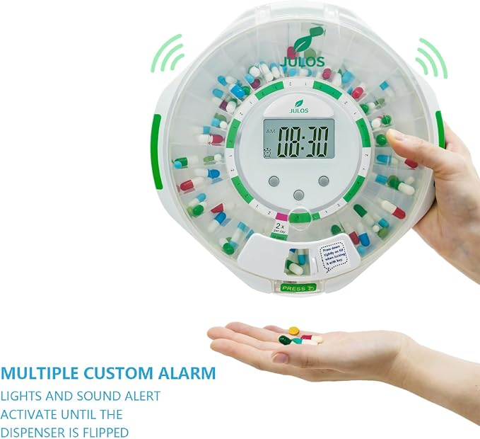 JULOS 28-Day Automatic Pill Dispenser with Audio & Visual Alerts for Elderly, up to 6 Alarms/Day, Easy-Read LCD Display, 9 Dosage Templates, Lock Medicine Dispenser for Medication, Vitamins, Clear Lid