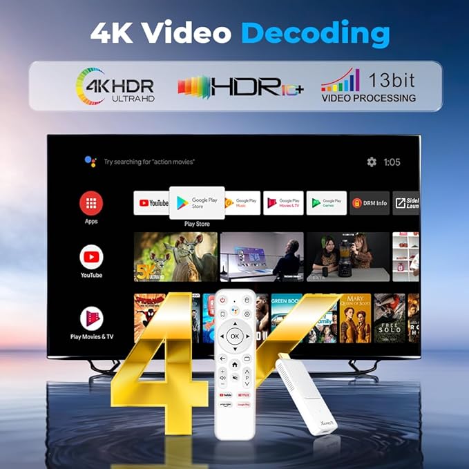 Android TV Stick 14.0, 2025 4K TV Stick 2GB RAM 16GB ROM Ultra HD RK3518 CPU Supports 2.4G/5G Wi-Fi Bluetooth 5.0 USB HDR10 with Bluetooth Voice Remote Control - White