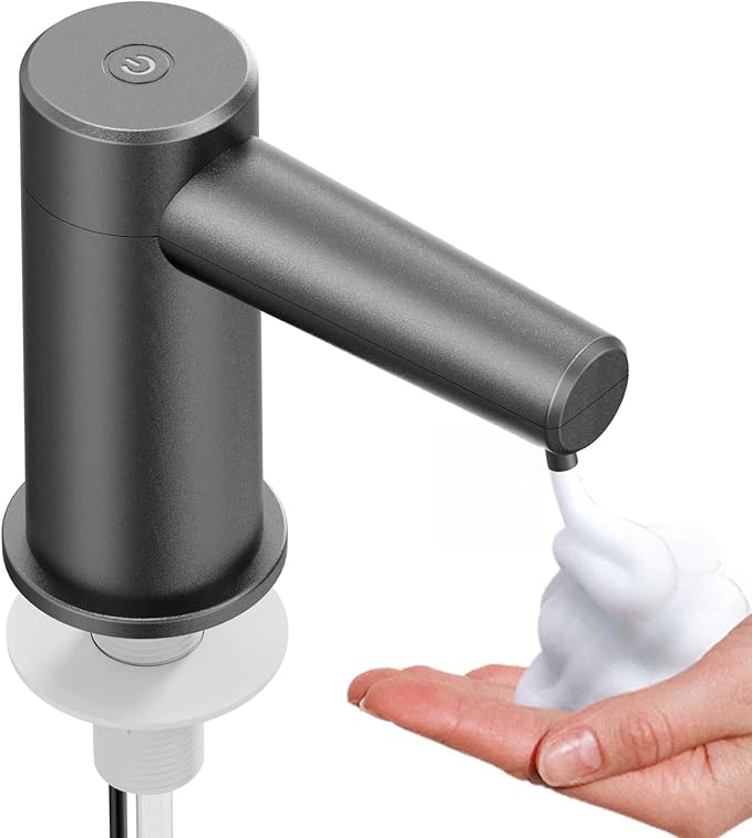 Automatic Sensor-Activated Built-in Foam Soap Dispenser for Kitchen Sinks, Plug-in Power Supply, Includes a 38-inch Silicone Extension Tube. Designed for Kitchens and Bathrooms (Dark Gray)