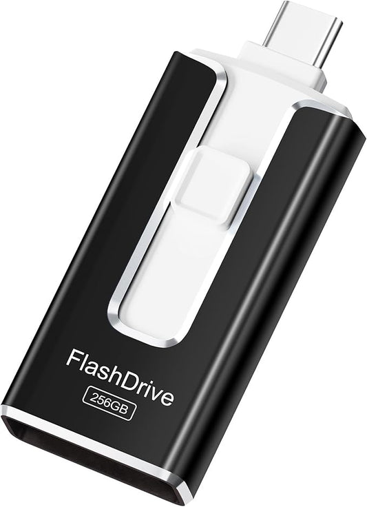 MFi Certified Flash Drive for iPhone 256GB, 3 in 1 Type-C USB Memory Stick Thumb Drive for Photos Videos, High Speed External Memory Storage Photo Stick for iPhone iPad Android PC (Black)