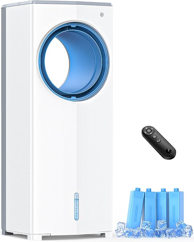 27 INCH Evaporative Air Cooler, Windowless Swamp Cooler Portable Air Conditioners w/Normal/Natural/Sleep/Cooling Mode,3 Speeds,Double Tanks& Remote & Smart Timer, Bladeless Air Cooler for Room