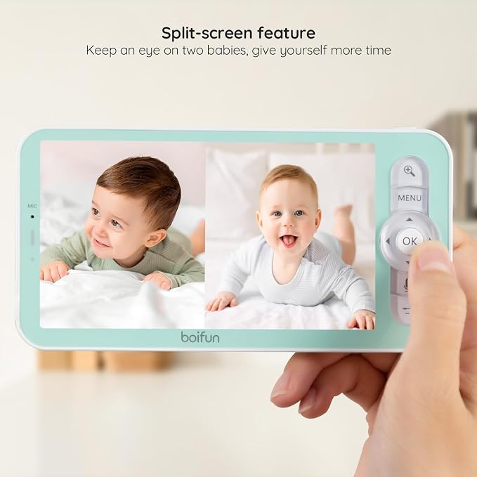 BOIFUN 2K Split-Screen 5 Inch Wi-Fi Baby Monitor With 2 Cameras, Colorful Night Light, AI Motion & Sound & Humidity & Temp Detection, Auto Tracking Via Smartphone App And Monitor Control, Night Vision