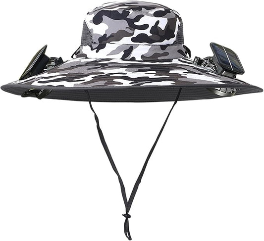 Men Women Wide Brim Sun Hats with 2 Solar Fan Waterproof Breathable Bucket Hat Outdoor Fishing Hat for Hiking Camping