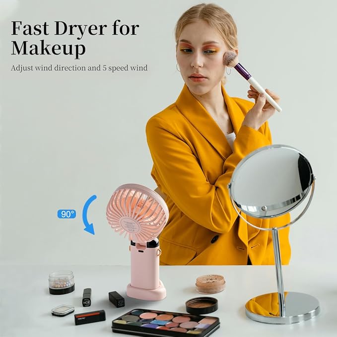 Portable Handheld Fan, 12 hours, Upgrade 3200mAh Portable Fan with LED Display, 90° Foldable, 5 Speed Wind,Hand Held/Neck/Desk 3 in 1 Personal Small Fans, Makeup Fans for Women (Pink)