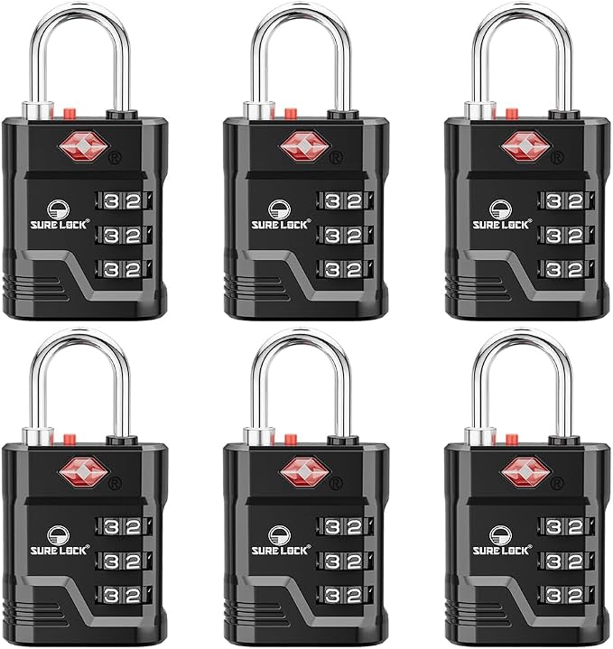 SURE LOCK TSA Approved Luggage Lock – 3-Digit Resettable Combination Padlock with Open Alert Red Dot, Large Easy-Read Dials for Suitcases, Backpacks, Gym & School Lockers(Black 6 pk)