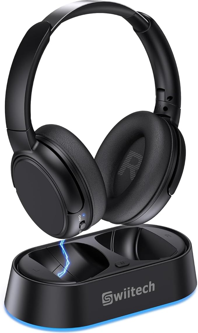 Swiitech Wireless Headphones for TV Watching with Charging Dock, 45H Playtime, Bluetooth 5.3, Clear Voice, No Audio Delay, Plug & Play Over-Ear Headset for Seniors