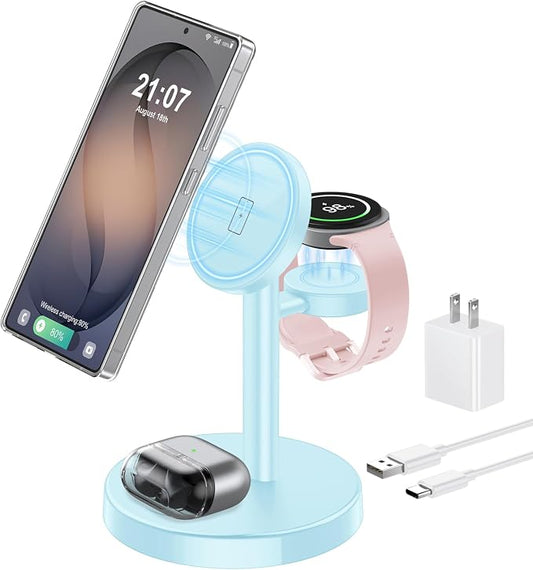 Magnetic Wireless Charger for Samsung, 3 in 1 Super Fast Charging Station Compatible with MagSafe, Phone Charger Stand for Samsung Galaxy S26 Ultra S25 Z Fold/Flip 7, Watch Ultra 8 7 6, Buds 4/3 Pro
