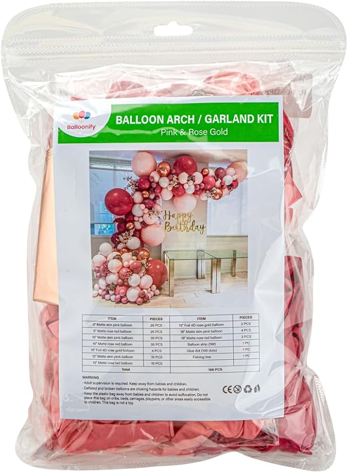 Restaurantware-Balloonify Balloon Garland Set, 1 Party Decoration Kit - 163 Balloons, With Chain, Pink And Rose Latex Balloon Arch Kit, Includes Glue Dots And Fishing Line