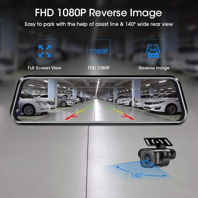 10'' Mirror Dash Cam Night Vision 1080P FHD Full Touch Screen Front and Rear View Backup Camera for Cars Loop Recording Streaming Media 170°Wide Angle Parking Assistance 6M Cable