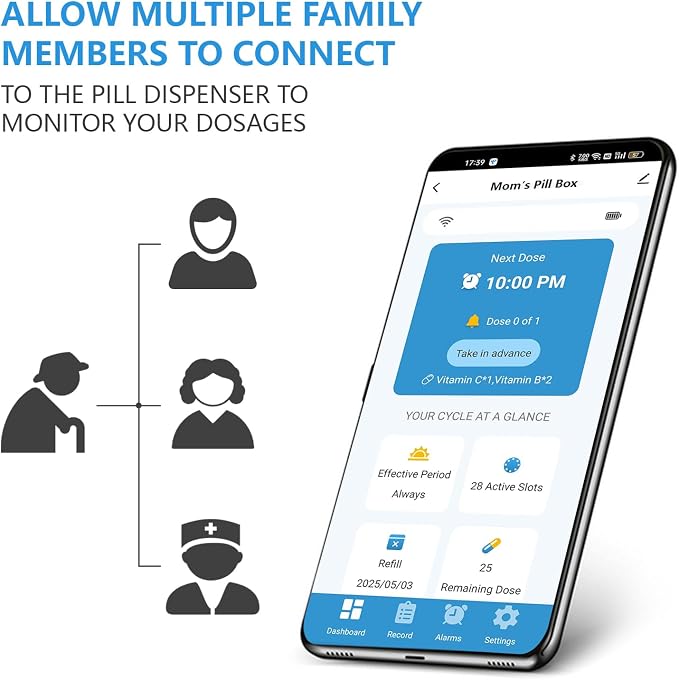 WiFi Automatic Pill Dispenser with Remote Operation via App for Caregivers | Up to 9 Alarms & Sound-Light Reminders for Parkinson & Alzheimer Patients, Real-Time Monitoring & Adherence History Tracking