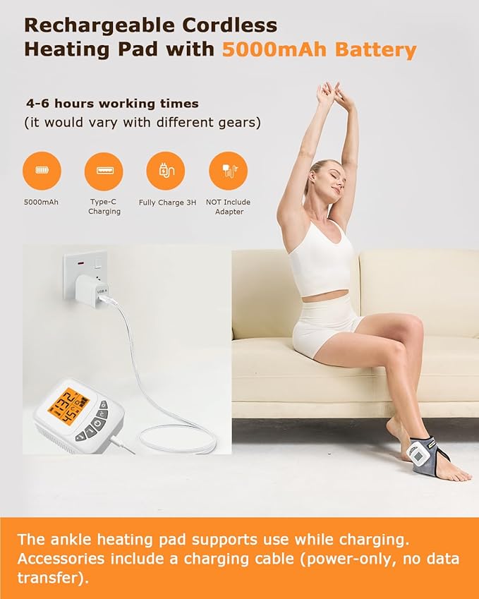 Cordless Ankle Heating Pad with 5000mAh Battery, 3-Level Vibration Massage & 104-140°F Heat Therapy, 30/45/60Mins Timer, Perfect for Arthritis Foot Heel Pain Relief, Includes Type-C Cable&Storage Bag