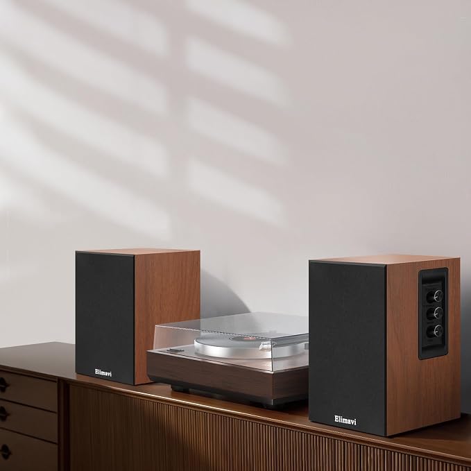 Elimavi Powered Bluetooth 5.3 Bookshelf Speakers - 60W Record Player Speakers with 4" Carbon Fiber Woofer & USB-C/RCA Input, Wooden Monitor Speakers for Turntables, PC, TV, Gaming, Brown