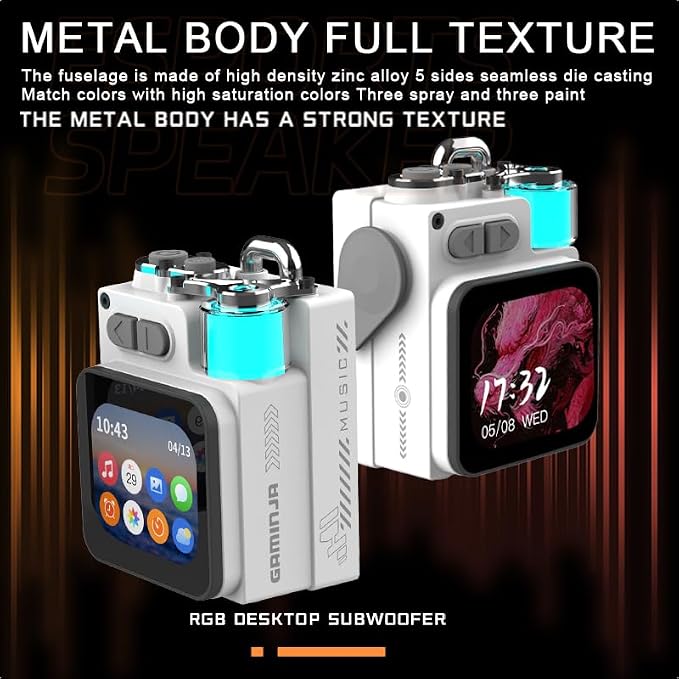 Wireless Bluetooth Speaker Mini, 2-Inch Screen RGB Subwoofer, Small Speaker Portable with Alarm Clock, Weather, Calendar,6H Battery, Metal Pendant Waterproof Large Hd Sound Pocket Stereo
