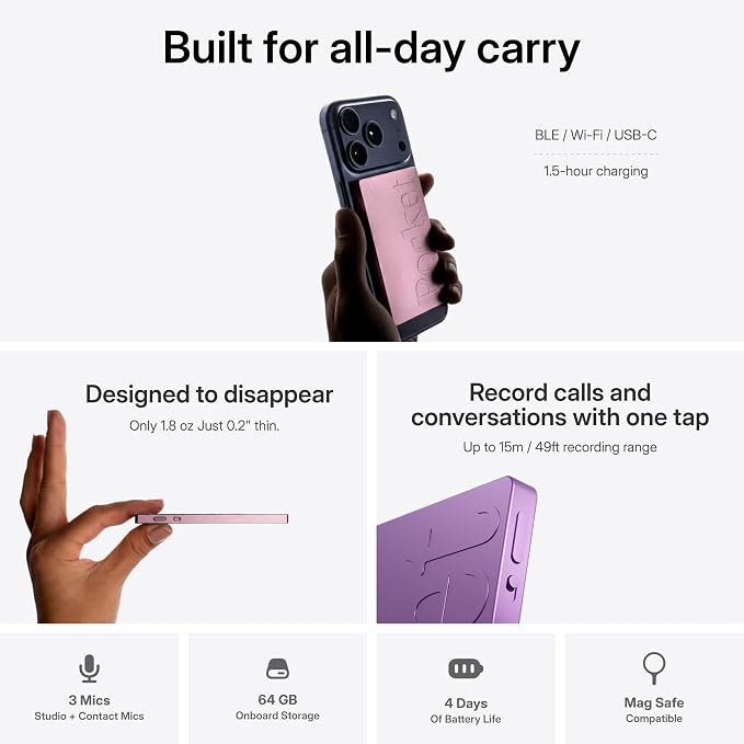 Pocket AI Voice Recorder & Smart Assistant – Auto Transcription, Summaries & Action Items – AI Note Taker for Meetings, Calls & Productivity - Baby Pink