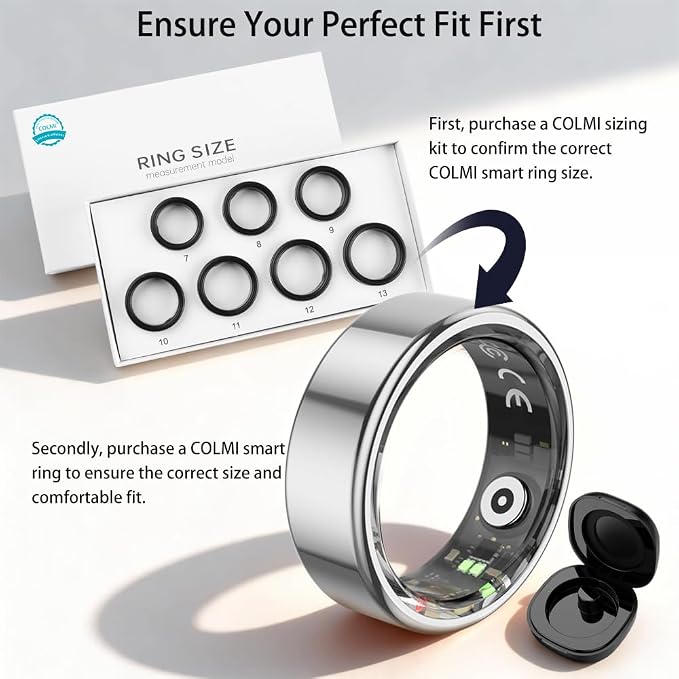 COLMI R02 Smart Ring, Smart Ring for Women and Men, No Subscription Fee, with a Charging Case, Supports Heart Rate, Blood Oxygen, Sleep Health Monitoring. (Silver, 8#)