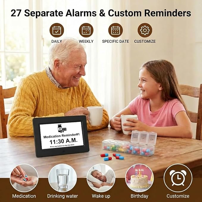 MASSII Dementia Clock with Date Time Voice Announcement, 27 Alarms Custom Reminders, Sleep Trainer, Auto DST, 10 Levels Night Dimmer, Large Talking Digital Calendar Clock for Elderly with 1.5M Adaptor