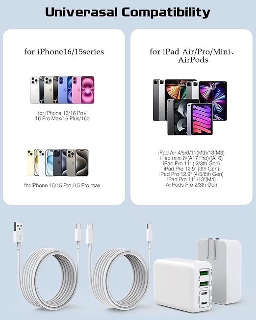 10Foot iPhone USBC Charging Cable,40W 2Pack Foldable Phone 17/16e Fast Charger Block 10FT USBC Cable Fast Charging for Apple iPhone 17/17 Air/17 Pro/16/16 Pro/16 Pro Max/16 Plus 15/15 Pro/Pro Max/iPad