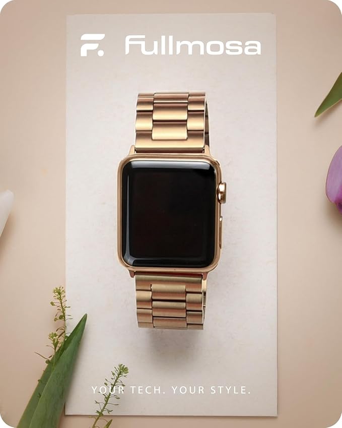 Fullmosa Metal Band Compatible with Apple Watch Bands Series 11 10 42mm, Stainless Steel Strap iWatch Band with Case for Apple Watch, Rose Gold