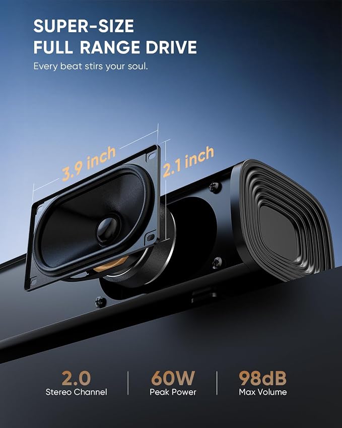 Saiyin Sound Bar for Smart TV, Detachable Soundbar TV Speaker with Bluetooth/ARC/Optical/AUX Input, Super Diaphragm Driver and 3 Preset Sound Effects for TV/PC/Projector.