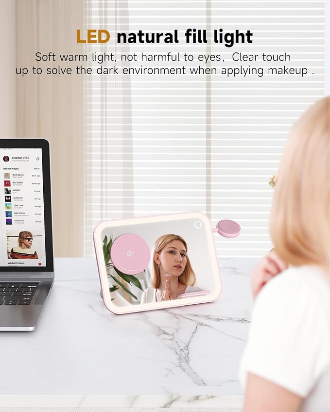 Tron 3 in 1 Qi Wireless Charger Mirror, Pink, Include led 6 ft Led Cable and 25w Power Adapter. Pink Color