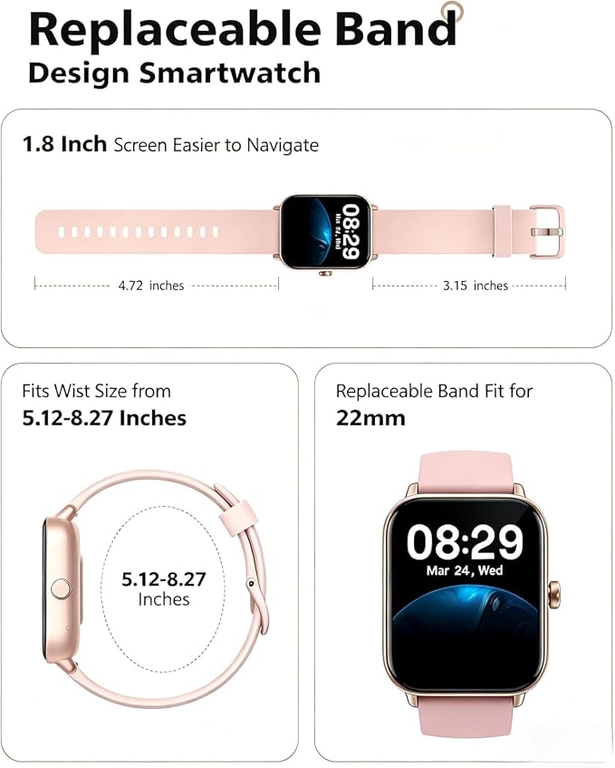 Quican Smart Watches for Women, Compatible for iPhone & Android | Fitness Tracker Watch with Alexa & Calling, Heart Rate Sleep Monitor, Waterproof, Gifts for Women,1.8 Inches Light Pink