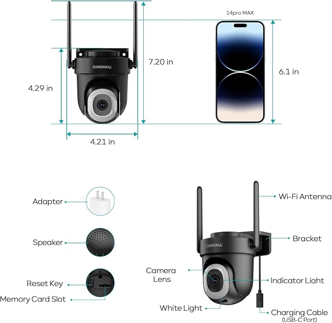 ZUMIMALL 2.5K Wired Cameras for Home Security, 2.4G/5G WiFi Outdoor Camera, 5MP, 24/7 Recording,AI Motion Detection, Cloud & SD Card Storage, 2-Way Audio, 360° PTZ Auto Tracking, IP66-2-Pack (Black)