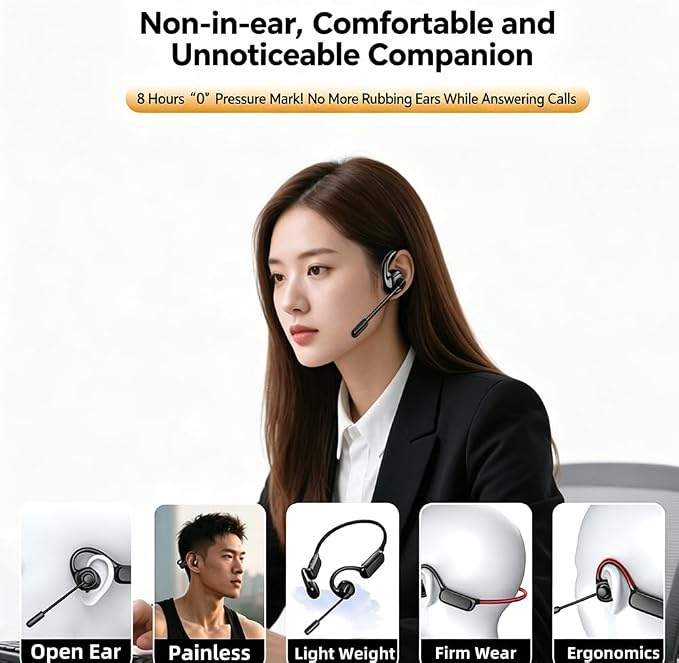 AYI Air Conduction Open Ear Headphones with 270° Rotating External Microphone Bluetooth Headset Smart ENC Call Noise Canceling Dual Device Pairing Ergonomic Fit for Office Driving Sports-Black