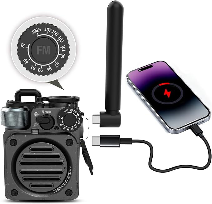 Muzen Upgraded Wild Mini 3.0 Outdoor Portable Wireless Bluetooth Speaker with FM Radio, Phone Charger/15H Playtime/IPX5 Waterproof/3 Mode Flashlight, Rugged Gear for Man Camping/Hiking/Travel(Black)