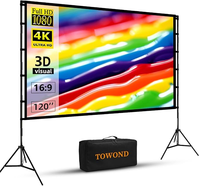 Towond 120 inch Projector Screen with Stand, 4K HD 16:9 Foldable Anti-Crease Indoor Outdoor Movie Screen, Portable Projection Screen for Backyard Theater, Camping, and Sports Viewing Parties