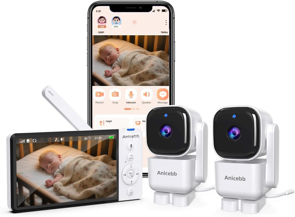 Smart Baby Monitor with 2 Cameras and Phone App, 5" HD Display Multi-Room Video Baby Monitor, Dual Mode (WiFi & Hack-Proof FHSS), Auto Motion Tracking, Cry Temp Alert, White Noise, 36H Battery