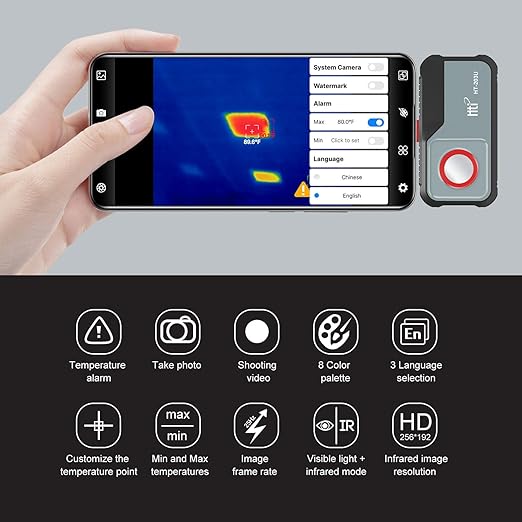 HT-203U Thermal Camera for USB-C Android, 512x384 Super Resolution with 256x192 IR Sensor, -4°F~1022°F, 50Hz Real-Time Temperature Alarm, Fully Adjustable Focus