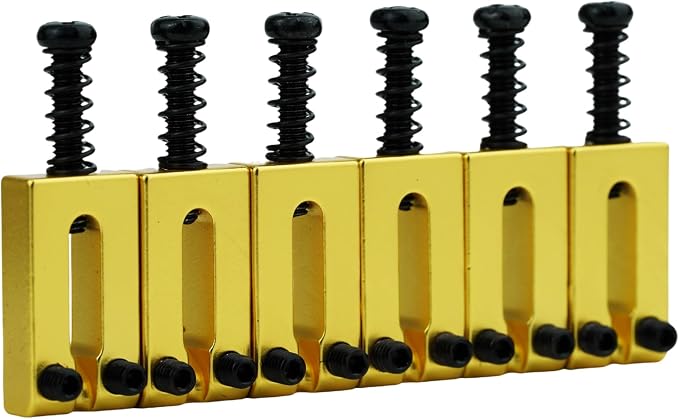 Guyker 10.8mm Bridge Saddles, Stainless Steel Bridge Saddles Tremolo System Replacement Part Compatible with Strat ST Tele TL Electric Guitar MA001(Set of 6, Gold)