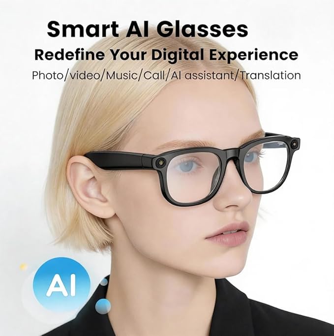 REEDTOCK Smart AI Glasses with Camera, HD 1080P Video Recording, 8MP Bluetooth Camera Glasses, Noise Cancellation, Voice Assistant, Translation, TR90 Frame -for Outdoor, Travel, Vlogging
