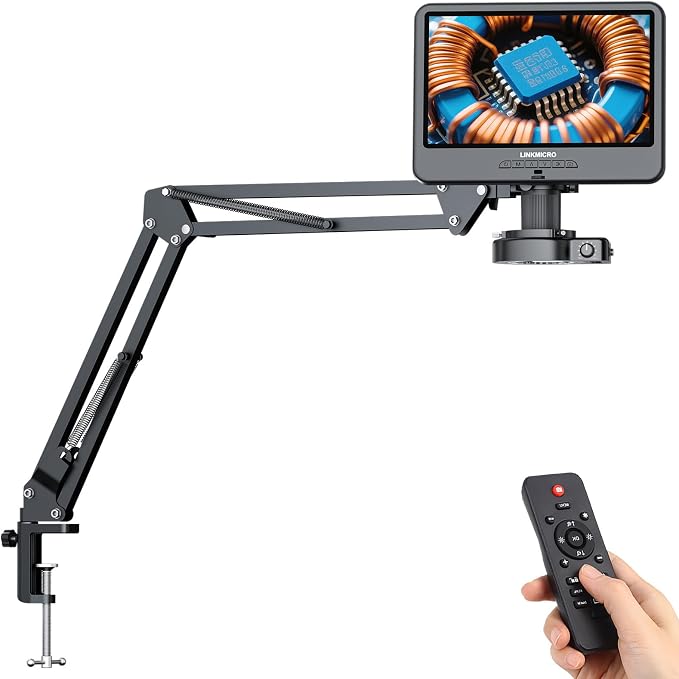 LM109A 10.1'' Digital Microscope with Flex Arm Stand, Soldering Microscope for Adults Electronics, 56 LED Ring Light, Full View Coins Camera Magnifier 260X, PC View