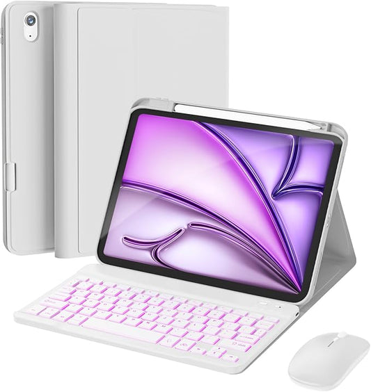 RAYMCRAFT for iPad Air 11-inch Case with Keyboard M4/M3/M2 (2026/2025/2024), Mouse and Detachable Wireless Keyboard Combo for iPad Air 5th/4th 10.9-inch, 7-Color Backlight with Pencil Holder, White