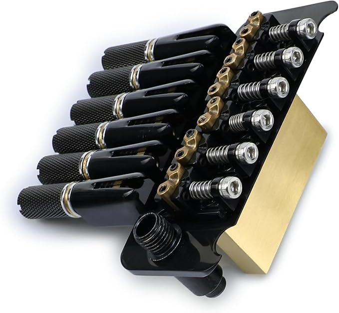 10.5mm Headless Electric Guitar Bridge Brass Block Saddle Hardened Steel Plate 2 point tremolo bridge for 6 String Headless Electric Guitar Replacement parts（Black Tailpiece Nut）