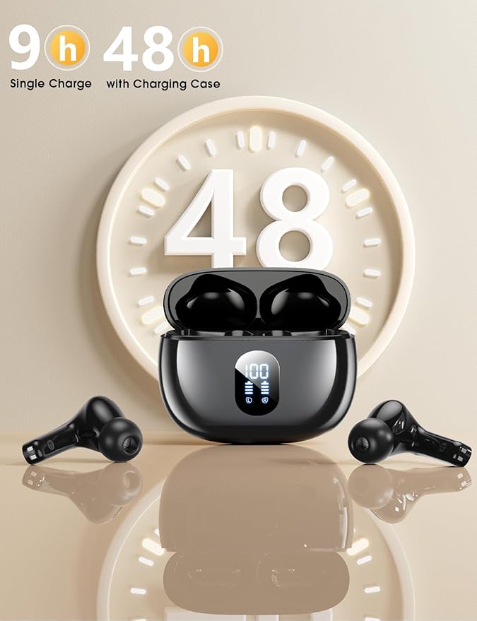 Wireless Earbuds Deep Bass Sound Ear Buds, Bluetooth 5.3 Headphones 48H Playtime, LED Display Earphones with Mic, IPX7 Waterproof Lightweight in-Ear Buds, Touch Control for iPhone TV LaptopJetBlack