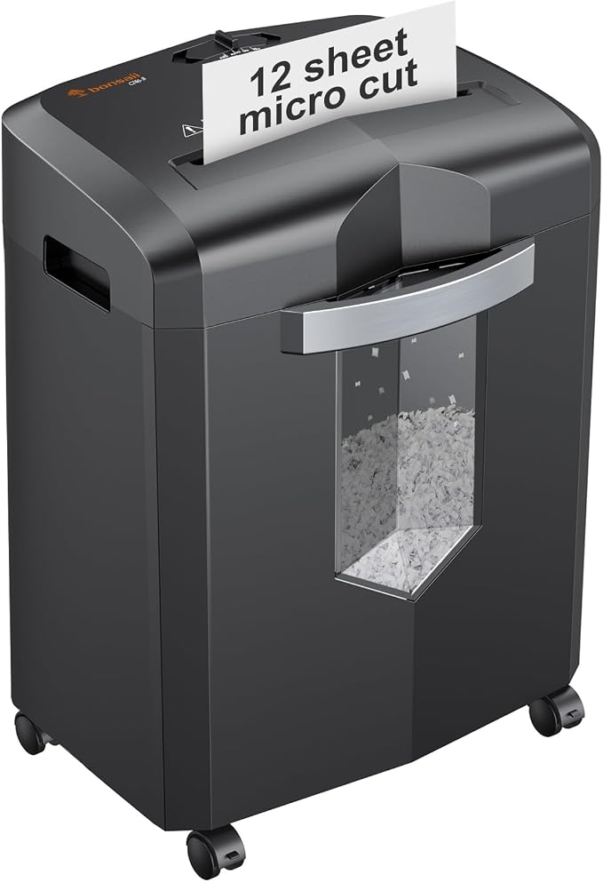 Bonsaii 12-Sheet Micro Cut Shredders for Home Office, P-4 Security Level Paper Shredder for CD, Credit Card, Mails, Staple, Clip, with Jam-Proof System & 4.2 Gal Pullout Bin C266-B